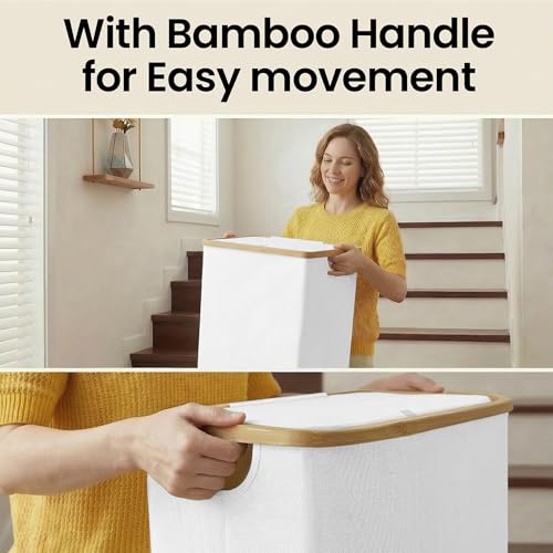 efluky Slim Laundry Basket with Lid, Narrow Laundry Hamper with Removable Bag, Skinny Dirty Clothes Basket with Bamboo Handles for Bathroom, Bedroom & Laundry Room, 65L White - color: White, size: 65L