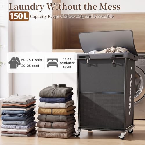 Laundry Hamper with Wheels and Lid, 150L Large Rolling Laundry Basket Gray - color: Grey, size: 150L