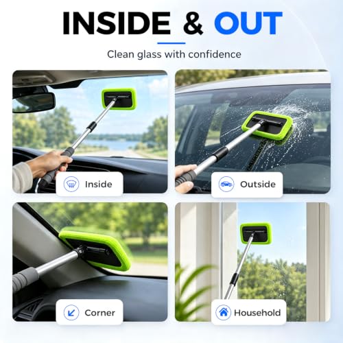 XINDELL Interior Windshield Cleaner Tool – Car Window Cleaning Tool 22inch Extendable Long Handle for Easy Cleaning, 9pcs Reusable Microfiber Pads, Streak-Free Interior & Exterior Auto Glass Cleaner - size: 22in