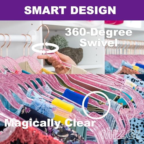 MIZGI Slim Rose Gold Glitter Pants & Skirt Hangers (20 Pack) - Adjustable Rose Gold Clips & Hooks, Pink Transparent Non-Felt, Space-Saving for Dresses, Shirts, Blouses - color: Pink Glitter/Rosegold, size: 20-Pack