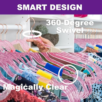 MIZGI Slim Rose Gold Glitter Pants & Skirt Hangers (20 Pack) - Adjustable Rose Gold Clips & Hooks, Pink Transparent Non-Felt, Space-Saving for Dresses, Shirts, Blouses - color: Pink Glitter/Rosegold, size: 20-Pack