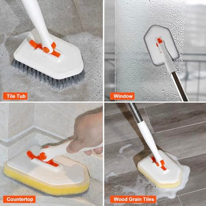 Tile Tub Scrubber Brush with 52-inch Adjustable Long Handle 3-in-1 Rotatable Shower Brush for Cleaning，3 Different Replacement Brush Heads for Cleaning Tub Tile Bathroom Kitchen Walls ，Orange