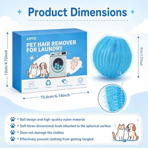 12PCS Pet Hair Remover for Laundry, Reusable Lint Catcher for Washing Machine, Efficient Debris, Hair Cleaner, Pet Hair Catcher for Clothes, Bedding, Washing Machine Hair Catcher(Blue)