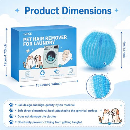 12PCS Pet Hair Remover for Laundry, Reusable Lint Catcher for Washing Machine, Efficient Debris, Hair Cleaner, Pet Hair Catcher for Clothes, Bedding, Washing Machine Hair Catcher(Blue)