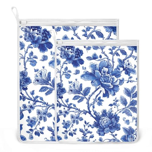 Mesh Laundry Bags Lingerie Bags for Washing Delicates 2 PCS Durable Wash Bag with Zipper Small and Medium Washable Blue and White Flowers Leaves - color: Blue and White Flowers Leaves