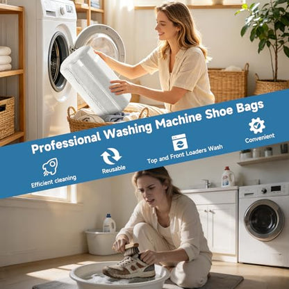 2PCS XXL Shoe Washing Machine Bag with Adjustable Shoes Trees - Heavy Duty Reusable Shoe Laundry Bag for Washer and Dryer - 360° Deep Clean & Protect Chenille Microfiber Sneakers Wash Bags - White - color: White