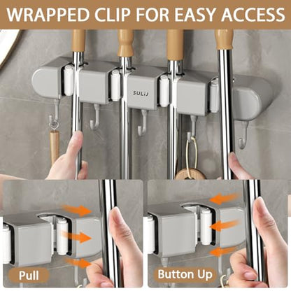 2Pcs Broom Holder Wall Mount, No-Drilling Self-Adhesive Mop and Broom Storage Rack with Hooks (4 Racks with 5 Hooks), Wall-Mounted Broom Hanger for Bathroom, Kitchen, Closet, Garage (Grey) - color: Grey