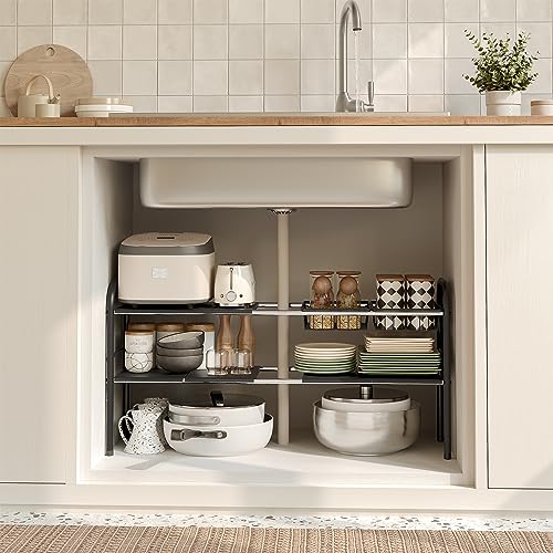 Under Sink Organizers and Storage,Expandable under cabinet organizer Shelf - size: 6 Panels and 2 Baskets