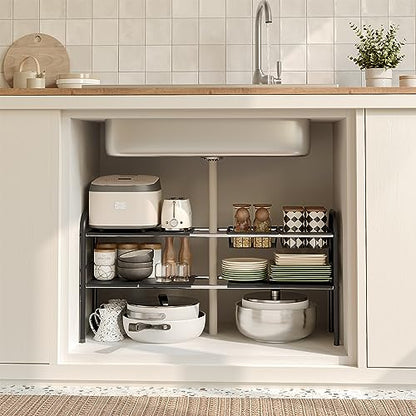 Under Sink Organizers and Storage,Expandable under cabinet organizer Shelf - size: 6 Panels and 2 Baskets