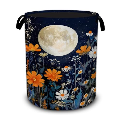 Wildflowers Laundry Basket,Moon Daisy Starry Sky Foldable Oxford Laundry Hamper with Handles,Portable Clothes Tote Bag Clothes Storage Bucket Organizer 20.8" x16" For Bathroom/Laundry Storage/Bedroom - color: Wildflowers Moon Daisy Starry Sky