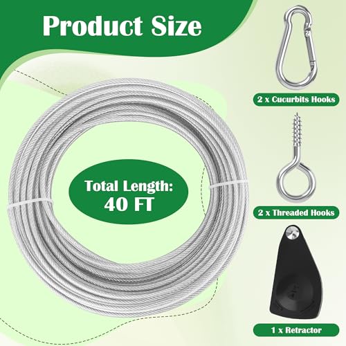 40FT Clothes Line Outdoors Retractable, Anglecai 3/16" Steel Wire Rope