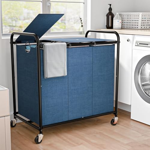 180L Laundry Sorter 3 Section, Rolling Laundry Basket with Wheels and Lid - color: Blue-3Sec, size: 47.55Gal