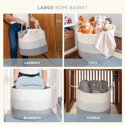 OrganiHaus Round Toy Basket & Blanket Basket, Cotton Rope 20x13" - color: 3-toned Gray, size: Wide