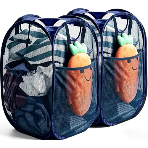 HOUSE AGAIN 2Pack Strong Mesh Pop Up Laundry Hamper, 70L Collapsible Laundry Basket with Steel Frame, Double‑Stitched Handles & Side Pocket, Foldable Dirty Clothes Hamper for Dorm, Bedroom, Blue - color: Blue, size: 2-Pack