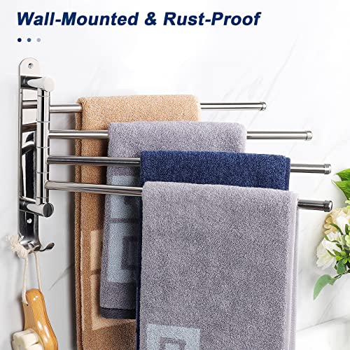 NearMoon Swivel Towel Rack, 13.8" Thicken 304 Stainless Steel 4-Arm Towel Bar, Space Saving Wall Mounted Towel Holder with Hook, Rustproof Swing Out Towel Hanger for Bathroom, Kitchen (Chrome Finish) - color: Chrome Finish, size: 13.8 Inch-Round