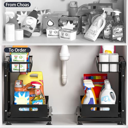 Saydear 2-Pack L-Shaped Under Sink Organizer, 2-Tier Pull-out Cabinet Rack - color: Black V2.0, size: 2 Pack