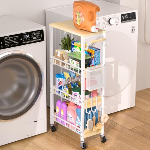 DTUQYX Laundry Room Organization Cart, 4 Tier Slim Rolling Cart for Small Narrow Spaces, Storage Shelf Cabinet with Wheels for Bathroom, Utility Room, Kitchen, Near Washer Dryer (9.1" Overall Width) - color: White, size: 7.88"W Wooden Wire Basket
