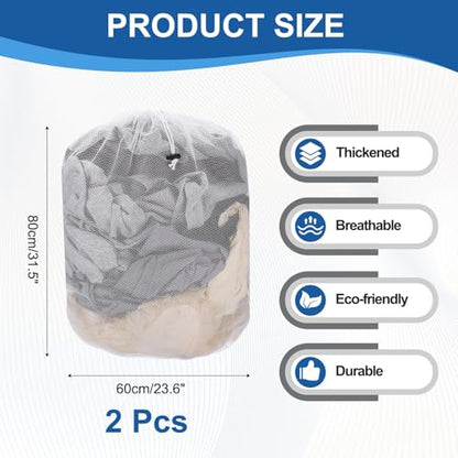 uxcell 2Pcs Mesh Laundry Bag, 31.5x23.6" Large Drawstring Net Laundry Bag Coarse Mesh for Washing Machine for College, Dorm, Travel, Family and Apartment Residents, White - size: XL