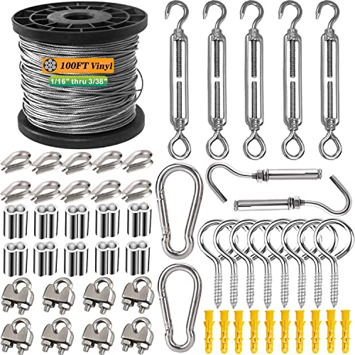 1/16 Inch 304 Stainless Steel Wire Rope Kit - 100ft 7x7 Strand Core Vinyl Coated Aircraft Cable with Turnbuckles for Outdoor String Lights Hanging, Garden & Guy Wire Support - size: 100 feet