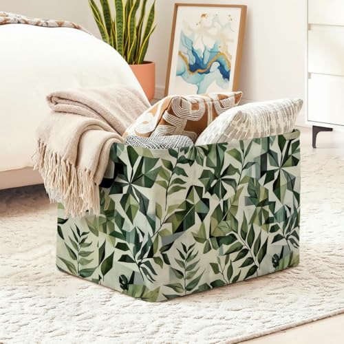 Plant Leaves Laundry Hamper with Handles,Large 56L Foldable Square Clothes Basket Multi‑Use Blanket Storage Bins for Organizing Books,Toys,Gifts,Room Decoration,Laundry Room,Dorm Nursery - color: Plant Leaves