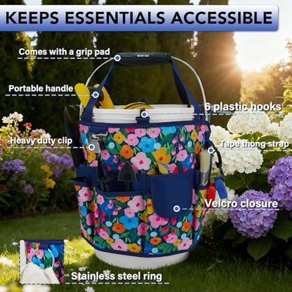 KUNN 18-Pocket Bucket Tool Organizer | Heavy-Duty 5 Gallon Bucket Caddy with Hangable Handle | Gardening Tool Bag & Garden Caddy Accessory for Gardeners, Blue - color: Blue Bloom