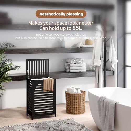 Laundry Hamper with Lid (16.9 * 13 * 26.5inches) Large Bamboo Laundry Bin Basket 85L Clothes Hamper with 1 Removable Bag Storage baskets for Bathroom(Black) - color: Black