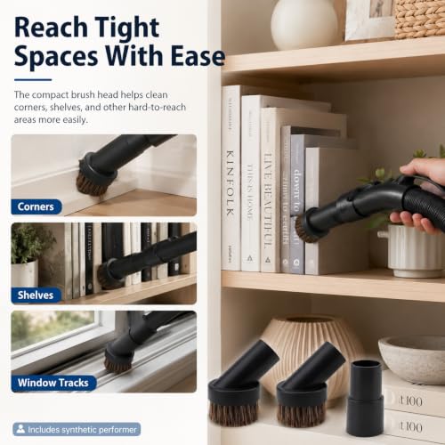 Vacuum Brush Attachment,Horse Hair Round Dust Brush with Universal Adapter - size: 1.25"/1-1/4" to 1-3/8" Adapter