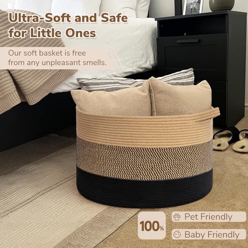INDRESSME XXXLarge Woven Rope Blanket Basket Living Room, 90L - color: Camel Mix & Black, size: 21.7"D x 13.8"H