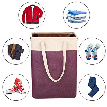 Laundry Basket with Handles Beige&Burgundy Slim Laundry Bin Collapsible Dirty Clothes Basket Narrow Laundry Bag Foldable Dirty Hamper for Camping, Dorms, Apartments - color: Beige&Burgundy