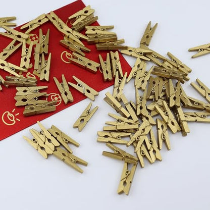 HEEHEE 100 PCS 1 Inch Gold Mini Clothespins Small Clothes Pin Natural Texture Wooden Clips for Food Package Clips Hanging Photo - size: Gold 1x0.12”-100 PCS