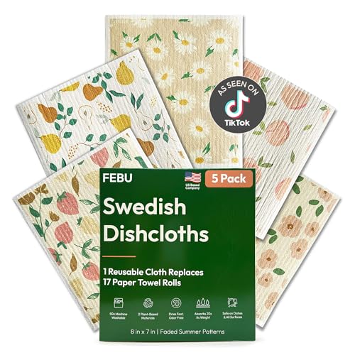 FEBU Swedish Dishcloths for Kitchen, 5 Pack, Faded Summer - color: Faded Summer