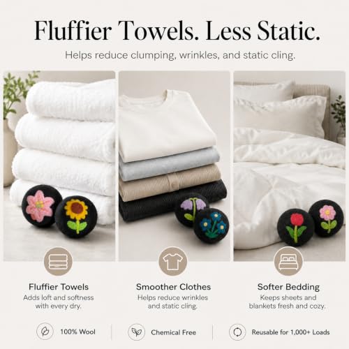 Wool Dryer Balls 6 Pack, New Zealand, Reusable Natural Fabric Softener - color: Black-flower