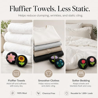 Wool Dryer Balls 6 Pack, New Zealand, Reusable Natural Fabric Softener - color: Black-flower