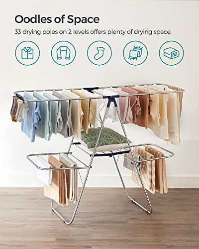 SONGMICS Clothes Drying Rack, Foldable 2-Level Stee Laundry Drying Rack - color: Silver + Blue, size: 2 Tiers（22"d x 61.8"w x 64.3''h )