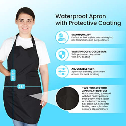 Hair Stylist Apron - Black - PU Waterproof Salon Apron Cosmetology - color: Black Apron - Polyester W/ Pu Coating