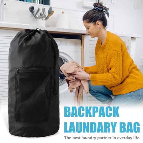 Laundry Bag Backpack,Olosar Extra Large Travel Laundry Bag with Mesh Pocket & Adjustable Shoulder Straps,Dirty Clothes Travel Bag for College Students Dorm,Apartment(Black) - color: Black, size: 1Pack