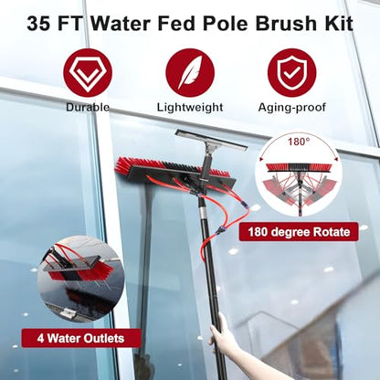 35ft Long Reach Solar Panel Cleaning Brush & Squeegee Kit, Aluminum Extendable Water Fed Pole Kit, 22in Wide Brush,Squeegee, Bendable Dusting Brush, Outdoor Window Washing Equipment Tool Kit - color: 35ft, size: Large