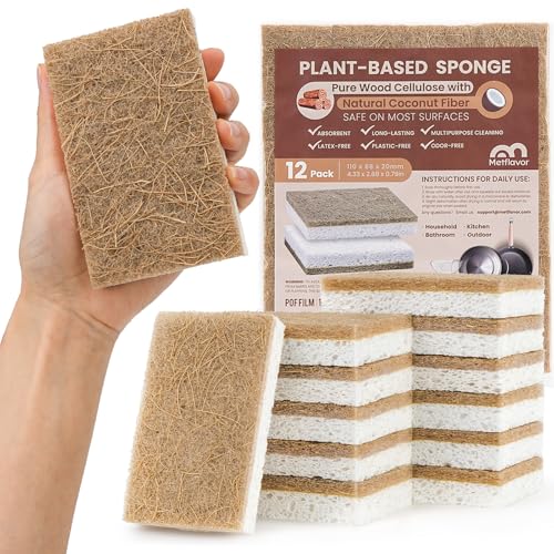 Metflavor Kitchen Sponges, 12 Count, Natural Sponge with Coconut Scrubber - color: Brown, size: 12 Pack