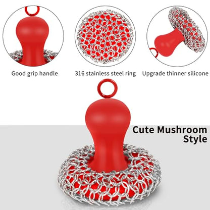 Herda Cast Iron Cleaner Scrubber+Pan Scraper, Patented Chain Mail Scrubber - color: Red