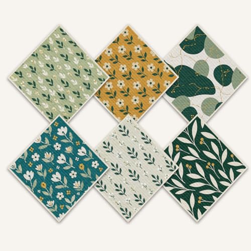 Shwing Swedish Dishcloths for Kitchen 6 Pack Green Botanical Leaf Minimal Floral Reusable Paper Towels Kitchen Towels Dish Cloths for Washing Dishes Washable Quick Drying Absorbent Cleaning Cloths - color: Green Leaf Botanical