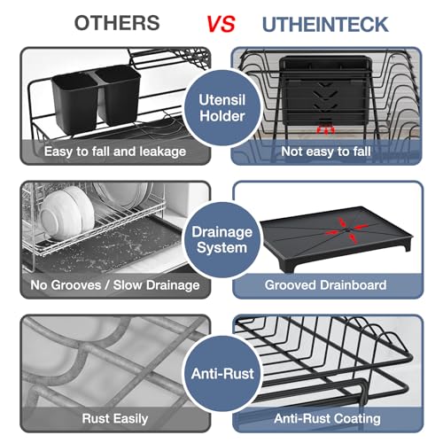 2-Tier Dish Rack Large Capacity Dish Drying Rack for Kitchen Counter Anti-Rust Dish Strainer with Drainboard, Cup Holder, Utensil & Cutting Board Organizer, Heavy Duty Metal, Black - size: 2 Tier Standard