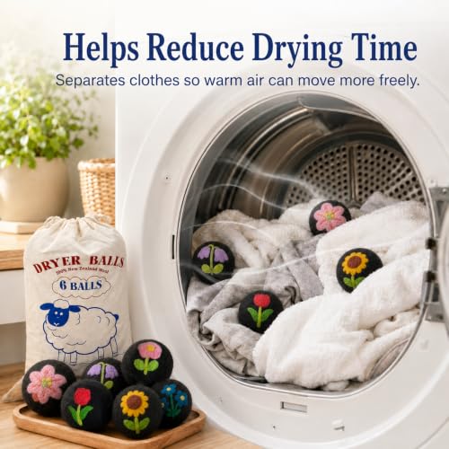 Wool Dryer Balls 6 Pack, New Zealand, Reusable Natural Fabric Softener - color: Black-flower