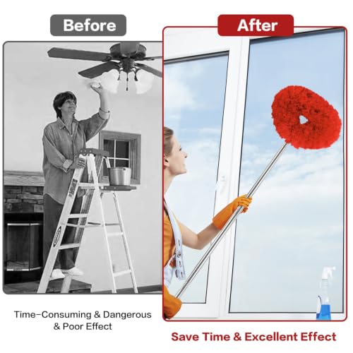 Ceiling Fan Cleaner Duster Reusable Microfiber Ceiling Fan Blade Cleaner Removable Duster with Extension Pole Adjusts 13 to 49.7 Inch for Cleaning Walls Bookshelves Furniture Door Window Top (Red) - color: Red