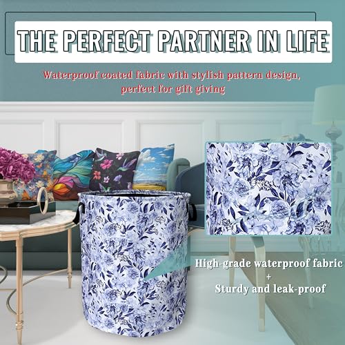 Blue Floral Laundry Basket Oxford Cloth Foldable Hamper 18.9x16.5Inch - color: Beautiful Blue Flowers Floral