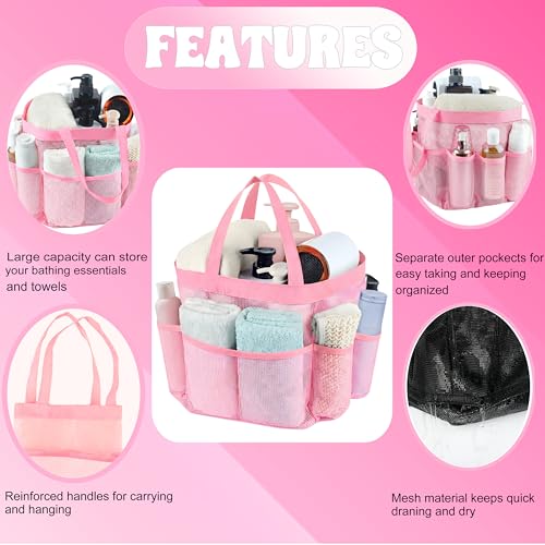 Mesh Shower Caddy Portable - 9 Pockets, Shower Bag for Dorm Room Camping - color: pink purple