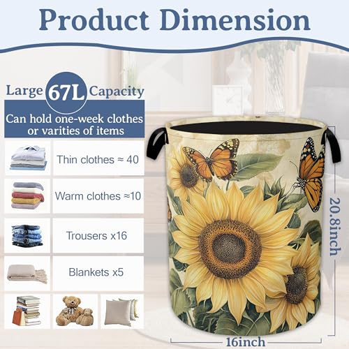 Vintage Sunflower Laundry Basket,Foldable Oxford Cloth Butterfly Laundry Hamper With Handle,Clothes Storage Basket for Laundry Room/Bedroom/Bathroom 20.8"x16" - color: Vintage Sunflowers Butterfly