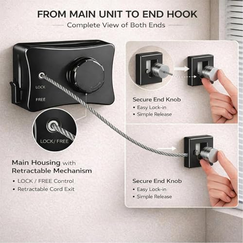 Retractable Clothesline Indoor Outdoor - Max Load 44 lbs, Heavy Duty Clothes Line for Indoors & Outside, 16.7ft Non-Sagging Laundry Line, Tendedero de Ropa Retractil, Clothing Drying Line - Black - color: Black