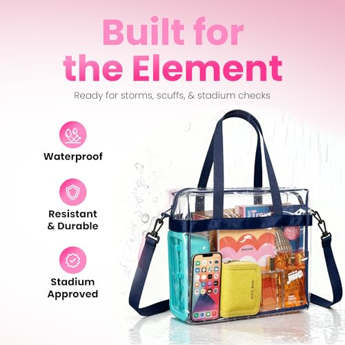 Handy Laundry Clear Bag 12x6x12 Stadium Approved Tote, Zipper Strap - color: Blue