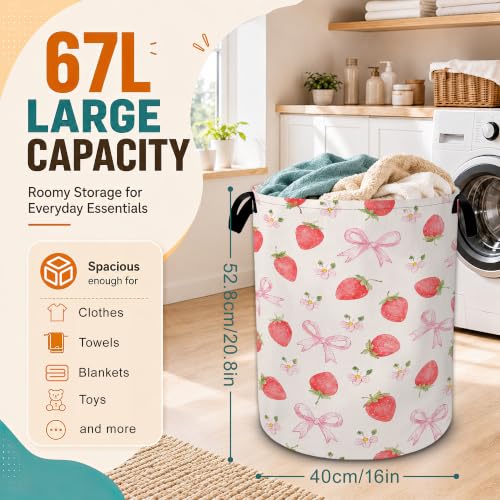 Strawberry Laundry Basket,Pink Bow Flower Foldable Oxford Laundry Hamper with Handles,Collapsible Clothes Storage Bucket Tote Bag for Laundry Room,Bathroom,Bedroom,Dorm - color: Strawberry Pink Bow Flower