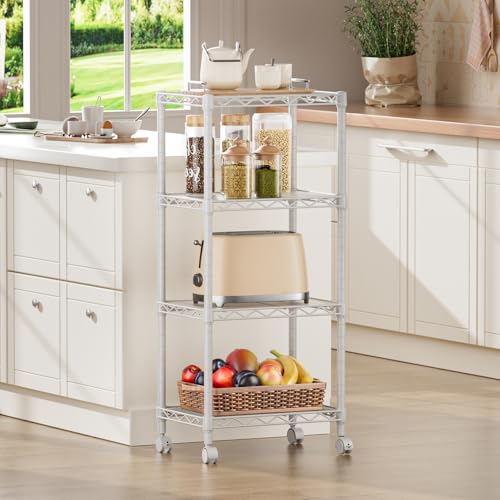 SINGAYE 4 Small Shelves Storage Shelf Wire Shelving Unit Metal Shelf Adjustable Organizers Storage Shelving with Wheels for Bathroom Laundry Room Kitchen Pantry11.5”D x 17.3”W x 44.5”H White - color: White, size: 4 Tier 11.6"Dx17.6"Wx44.5"H